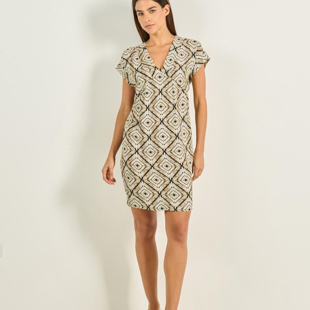 KOAJ - KOAJ Vestido café claro corto estampado con escote en V Mujer