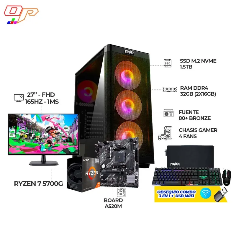 AMD - COMPUTADOR GAMER RYZEN 7 5700G+ MONITOR 27" 165HZ/ RAM 32GB/ SSD 1.5TB+ COMBO