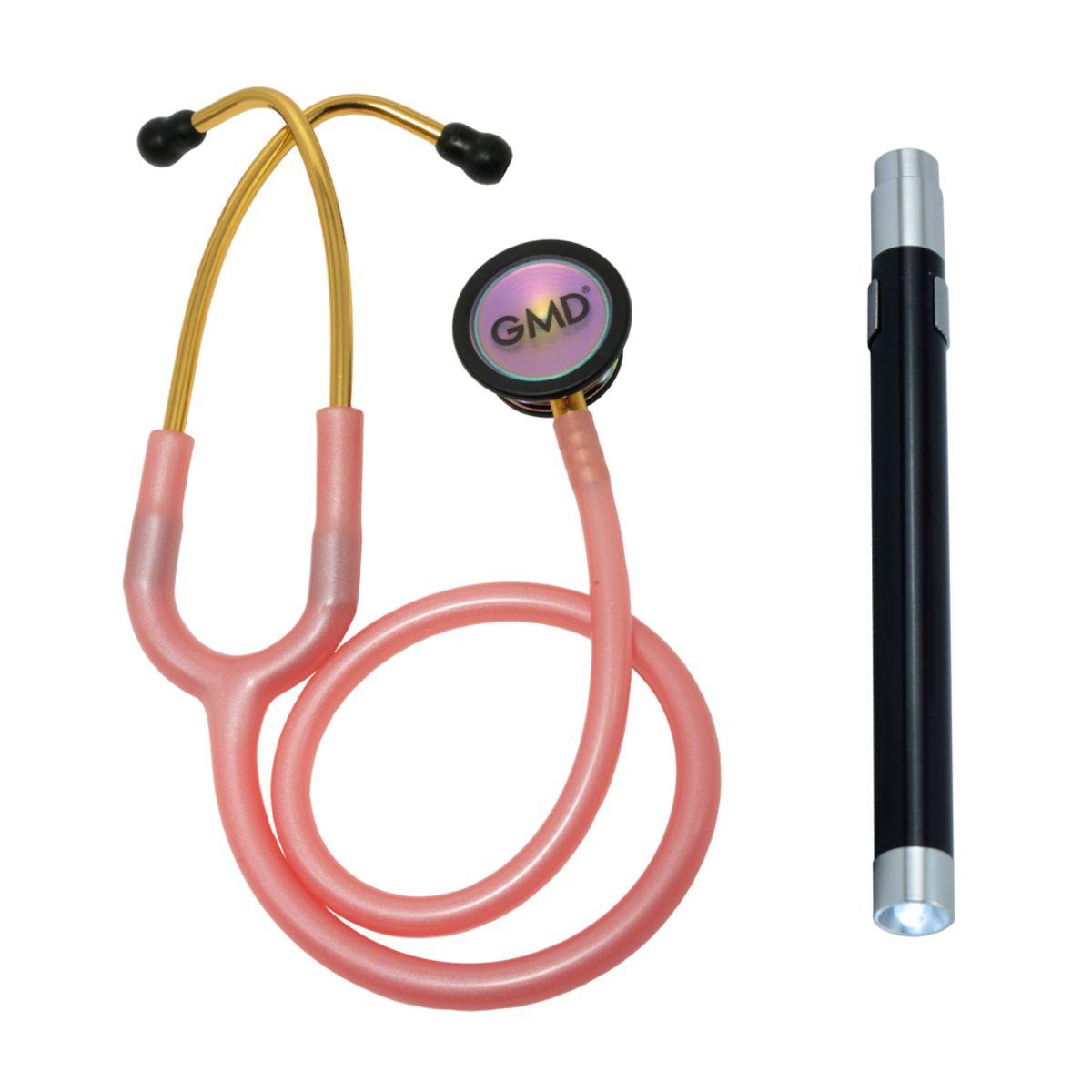 GMD - Fonendoscopio Profesional Doble Servicio Ois 300 Rosa Perlado + Linterna Gmd Negra