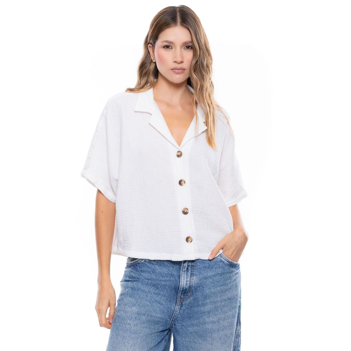 COLOR BLUE - Camisa Cuello Solapa Y Botones En Frente