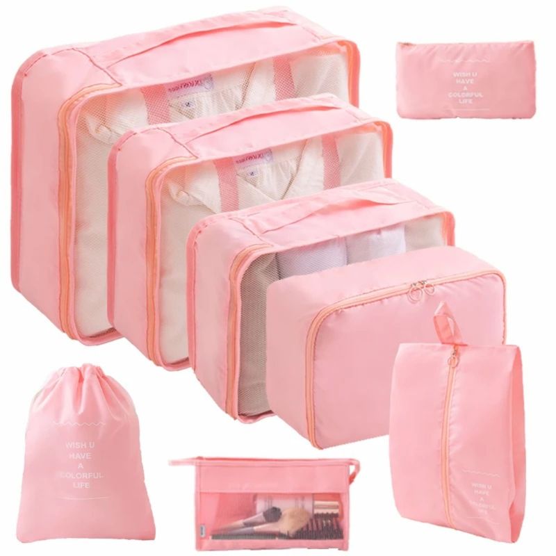 TRAVEL BAGS - SET ORGANIZADOR DE EQUIPAJE MALETA VIAJERO X 8 BOLSAS ROSA