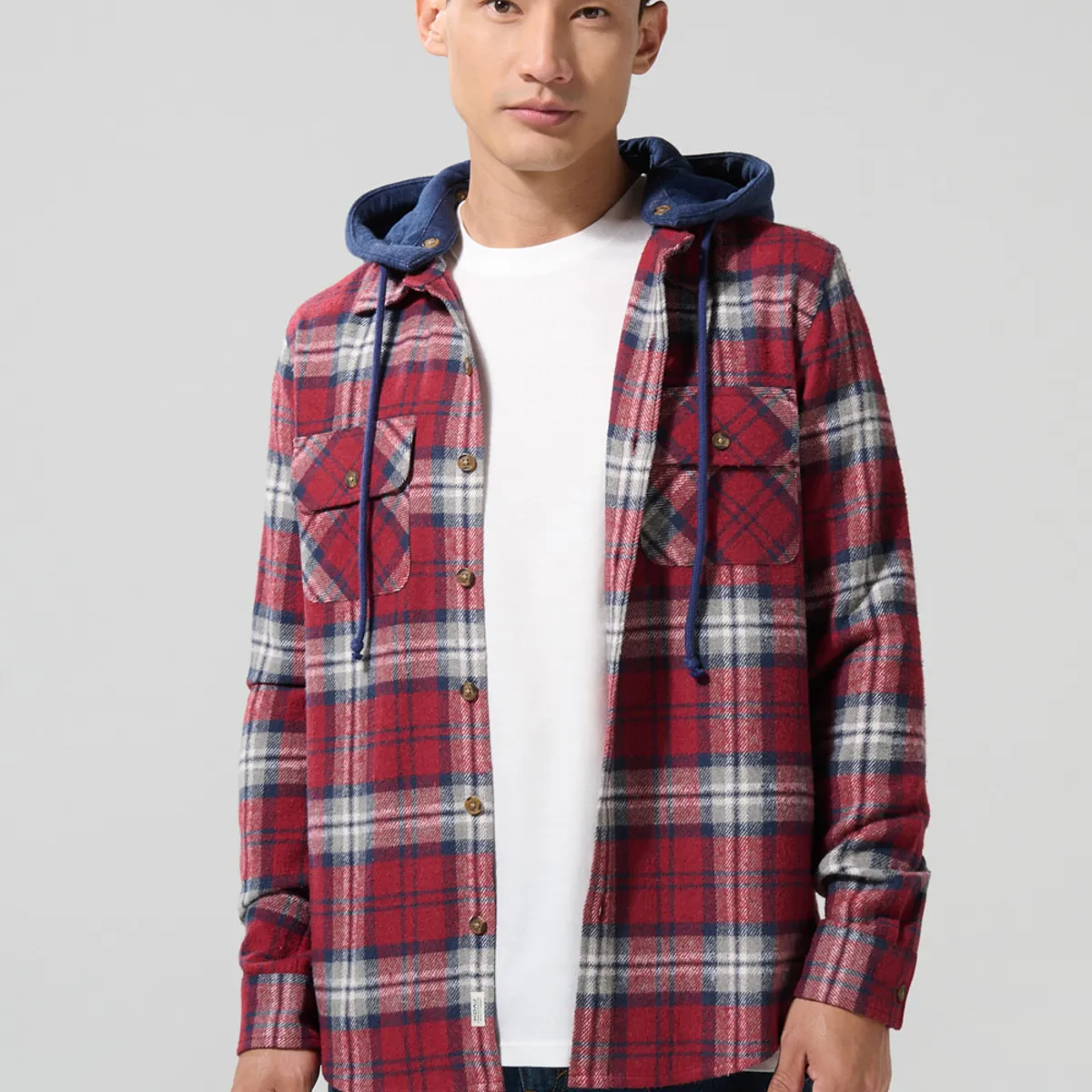 KOAJ - KOAJ Sobrecamisa unicolor con capota, cuadros y bolsillos Hombre