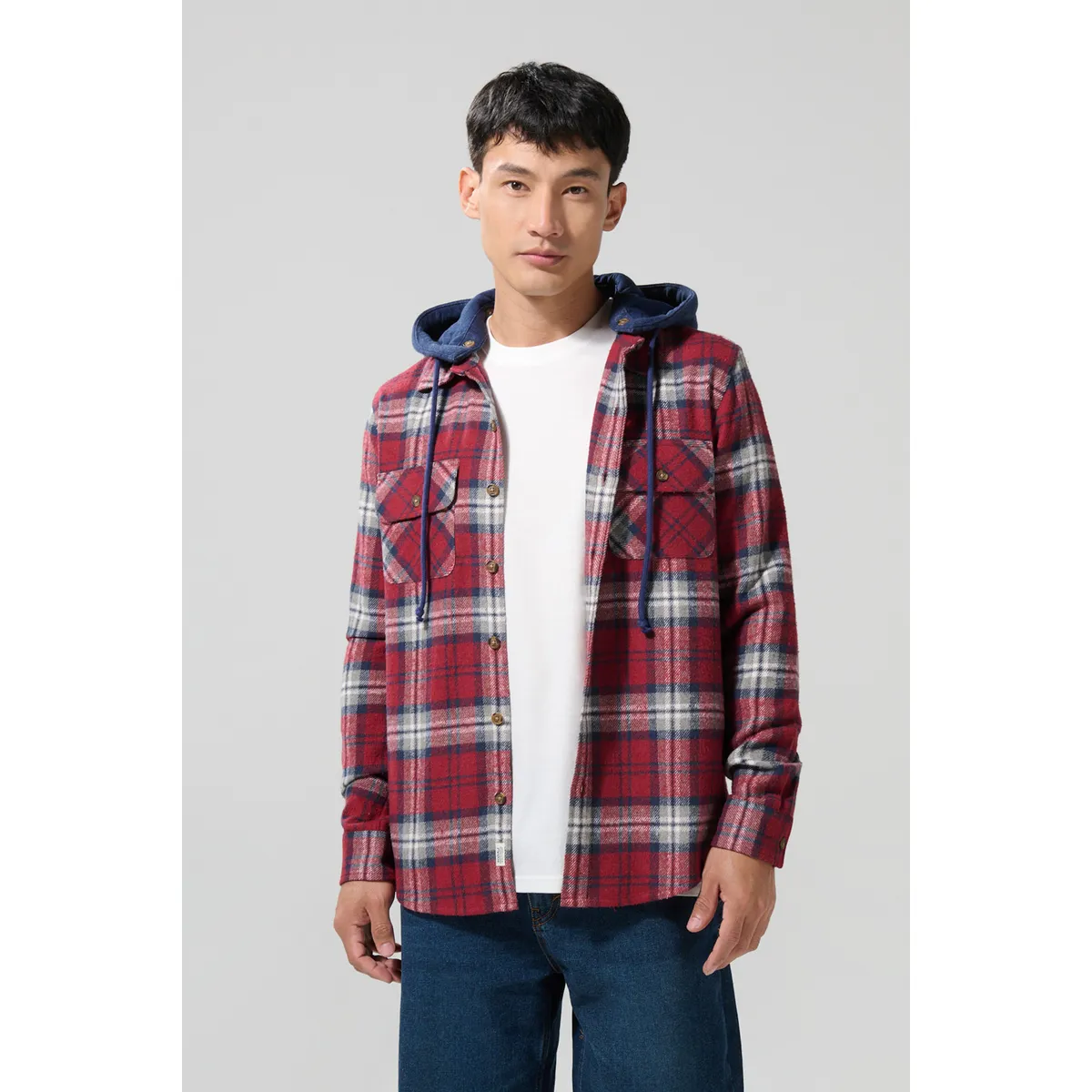 KOAJ - KOAJ Sobrecamisa unicolor con capota, cuadros y bolsillos Hombre