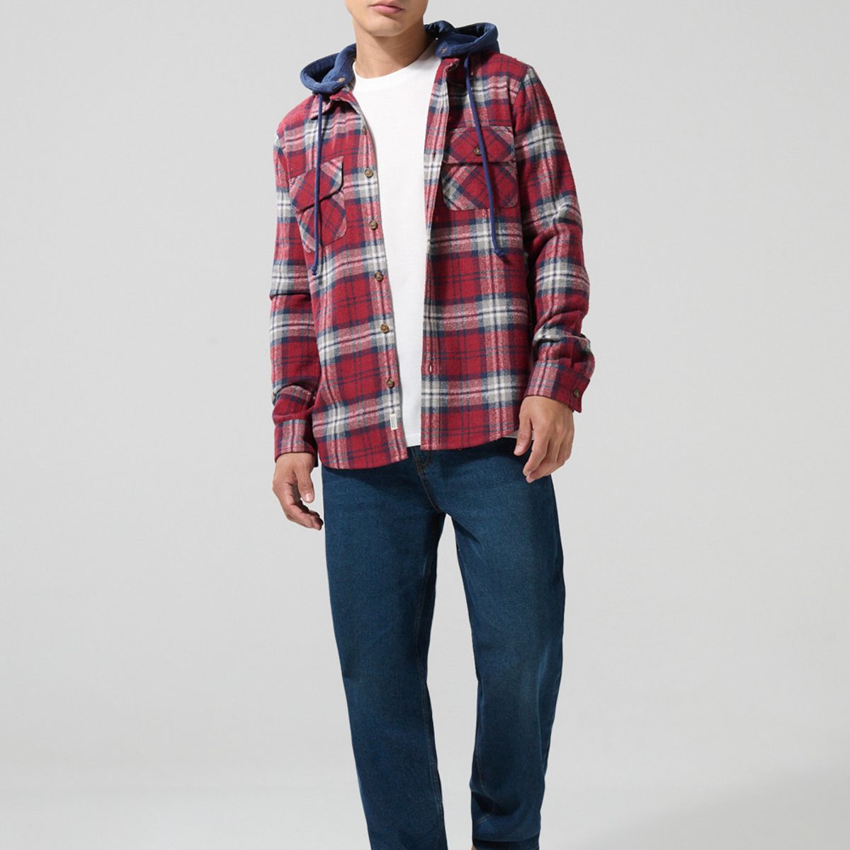 KOAJ - KOAJ Sobrecamisa unicolor con capota, cuadros y bolsillos Hombre