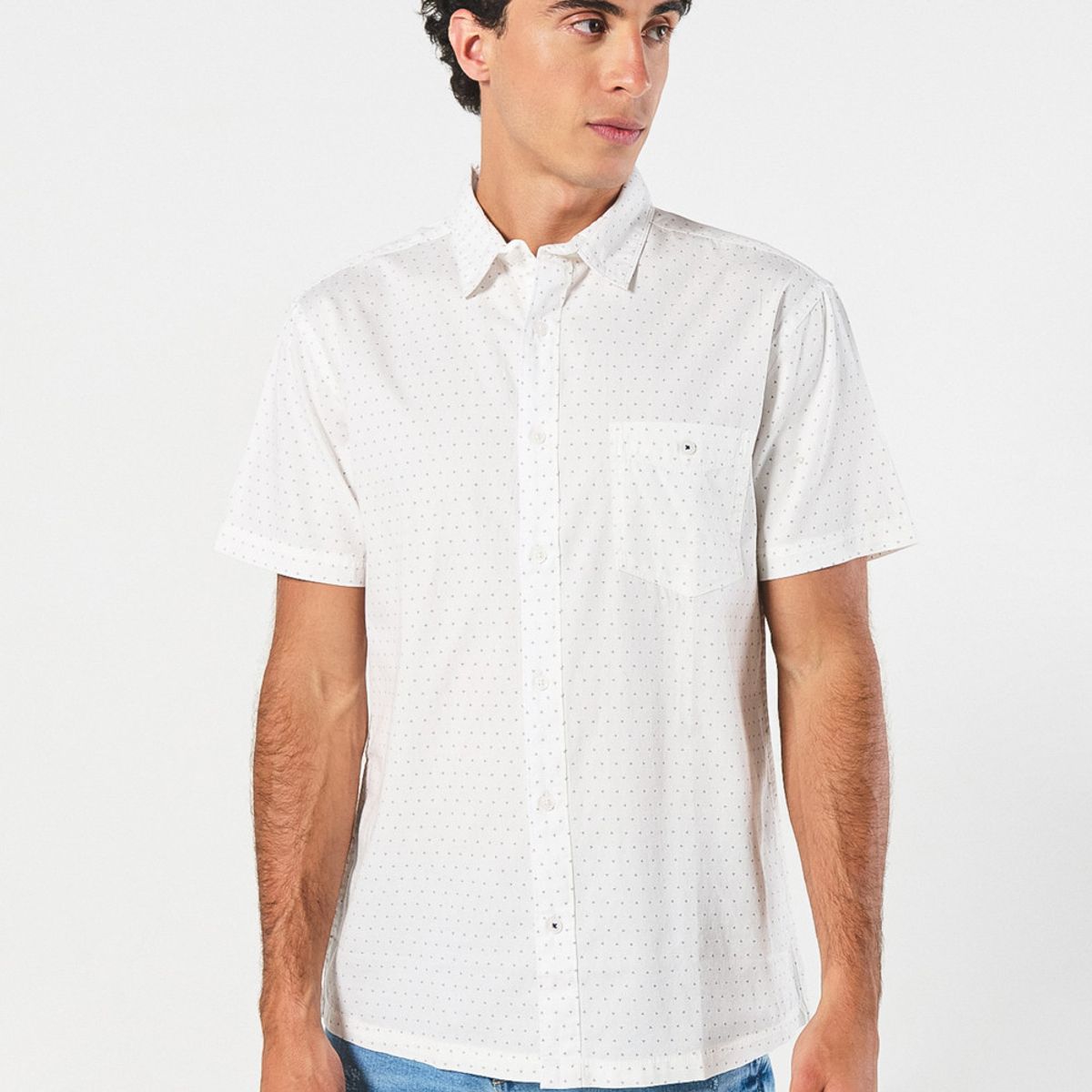 KOAJ - KOAJ Camisa crema clara manga corta con diseños y bolsillo Hombre