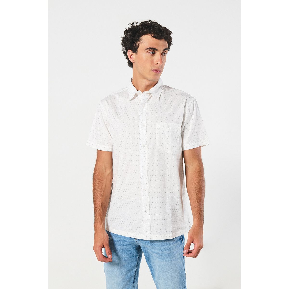 KOAJ - KOAJ Camisa crema clara manga corta con diseños y bolsillo Hombre