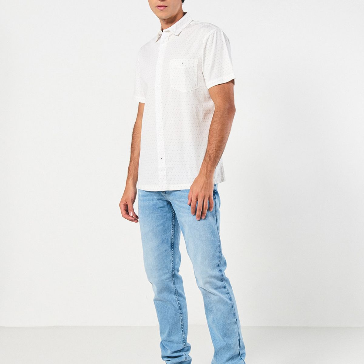 KOAJ - KOAJ Camisa crema clara manga corta con diseños y bolsillo Hombre