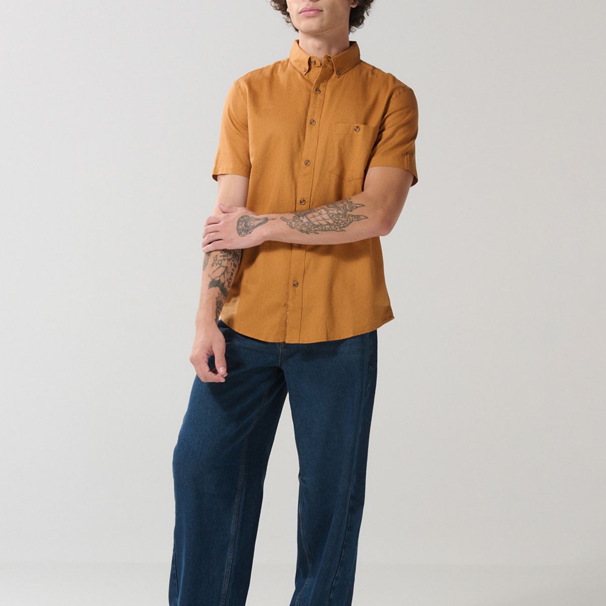 KOAJ - KOAJ Camisa kaki oscura con estampado mini print y manga cor Hombre