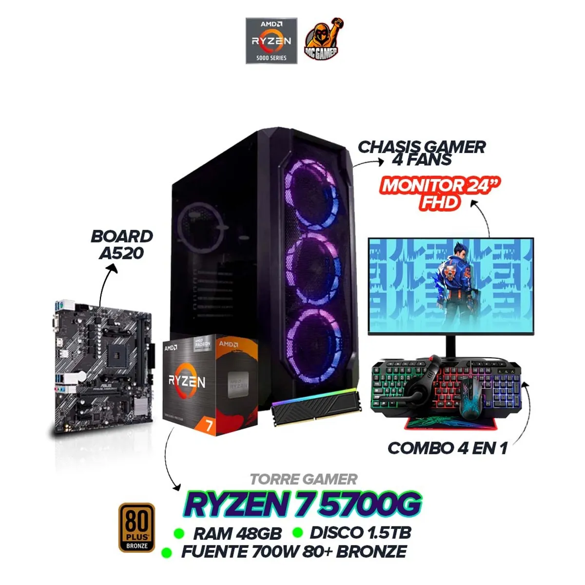 AMD - PC Ryzen 7 5700G / 48GB RAM / 1.5TB SSD / 700W / Monitor 24" 120HZ FHD + Combo 4 en 1