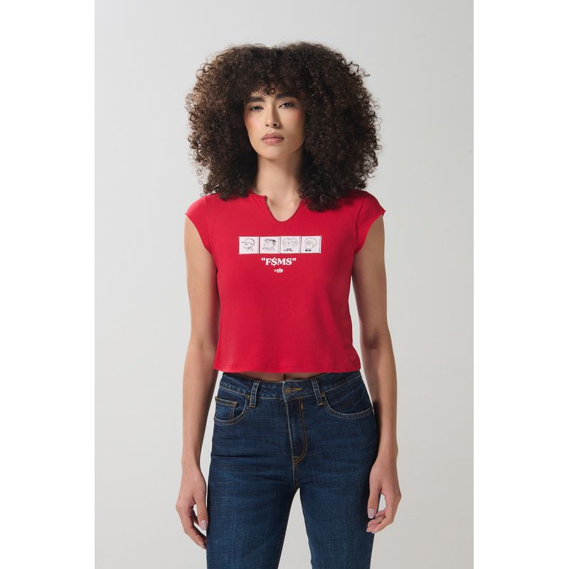 KOAJ - KOAJ Camiseta ajustada roja oscura con estampado de Mafalda  Mujer