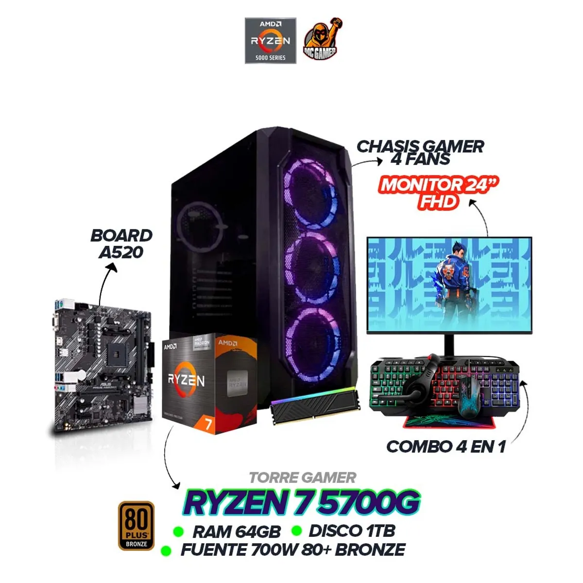 AMD - PC Ryzen 7 5700G / 64GB RAM / 1TB SSD / 700W / Monitor 24" 120 HZ FHD + Combo 4 en 1
