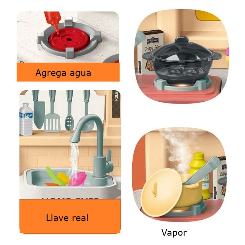 JUGUETERIA EXPRESS - Cocina Infantil Con Agua, Luz, Sonido, Vapor 85 Accesorios rosada