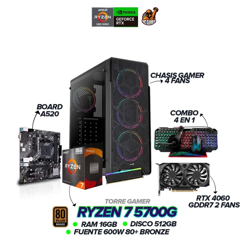 AMD - PC Gamer Ryzen 7 5700G / RTX 4060 / 16GB RAM / 512GB SSD / 600W / Combo 4 en 1