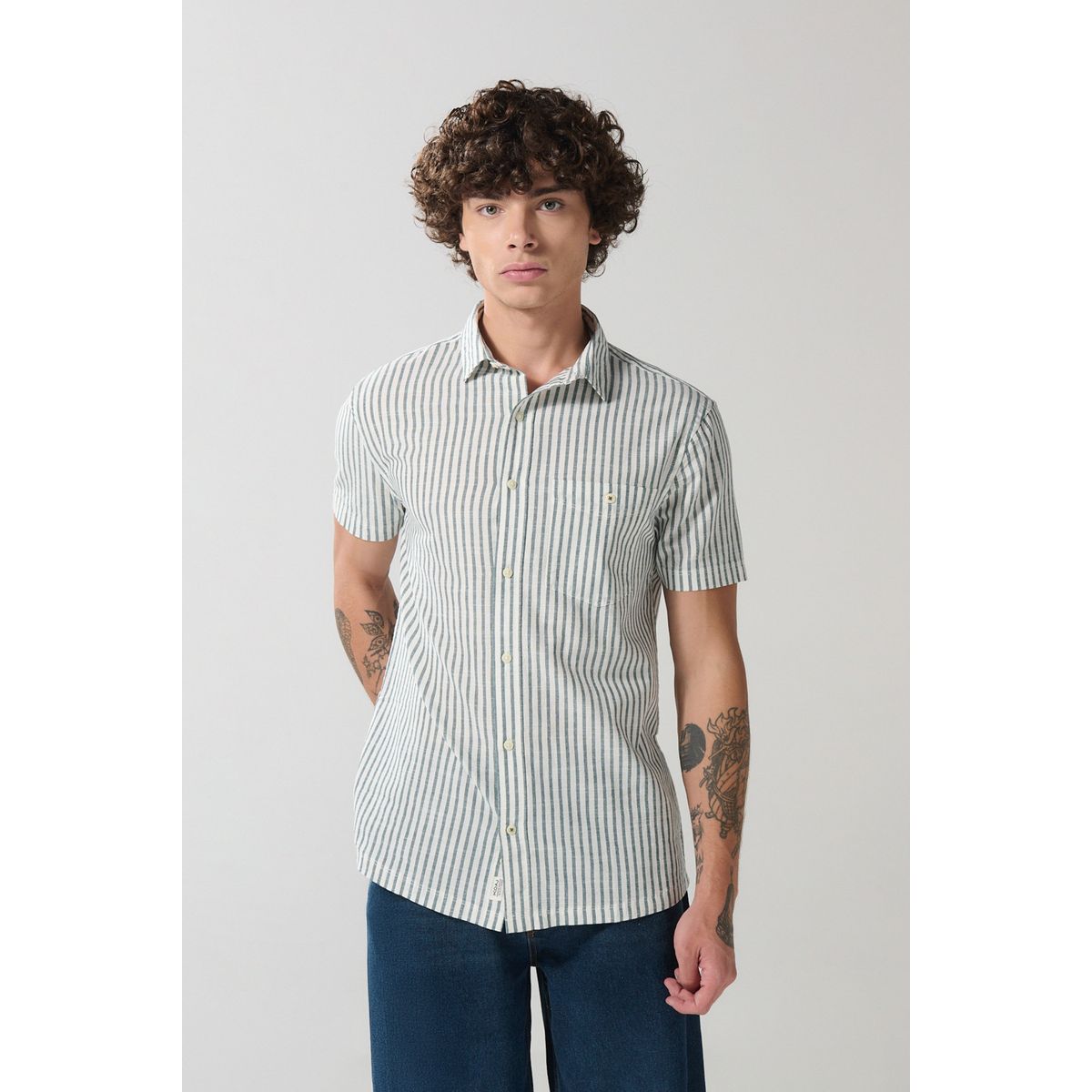 KOAJ - KOAJ Camisa manga corta a rayas crema con bolsillo en frente Hombre