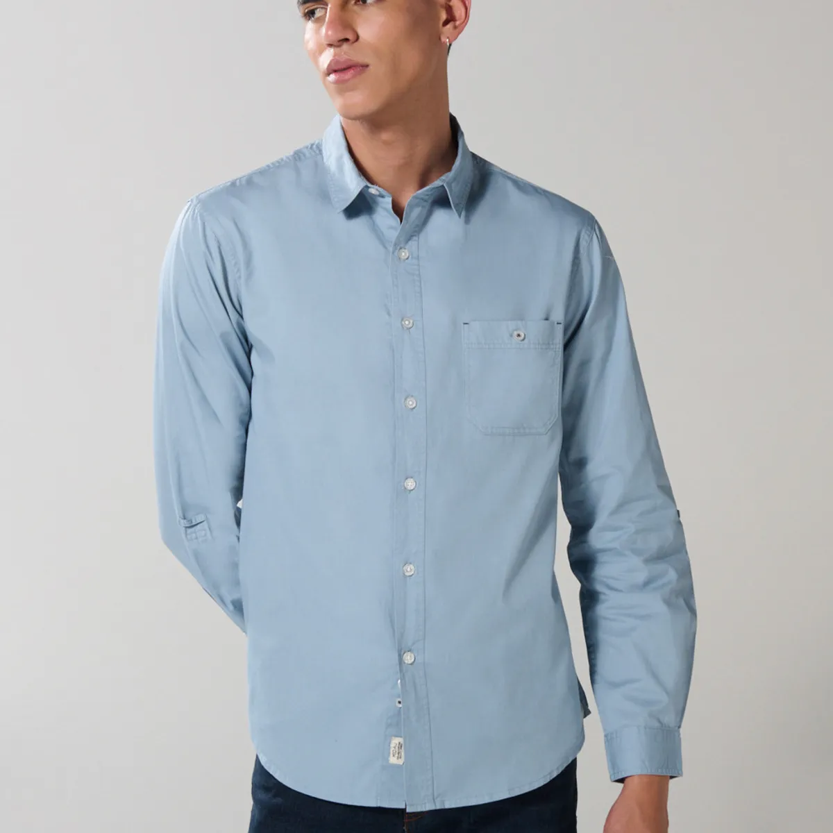 KOAJ - KOAJ Camisa unicolor en algodón manga larga con bolsillo Hombre