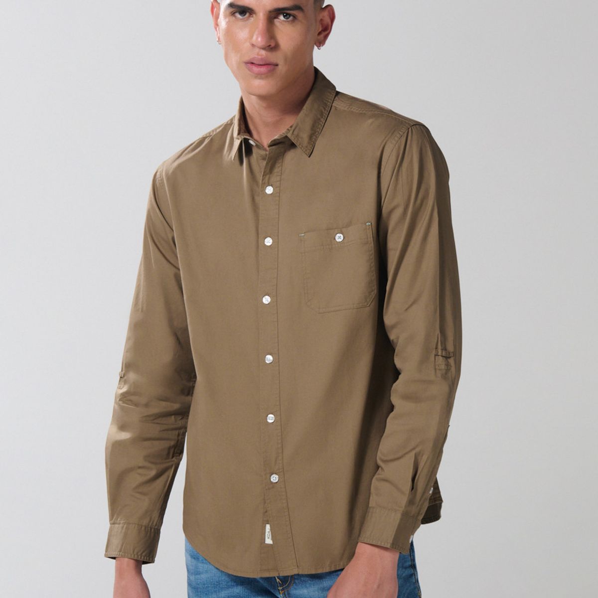 KOAJ - KOAJ Camisa unicolor en algodón manga larga con bolsillo Hombre