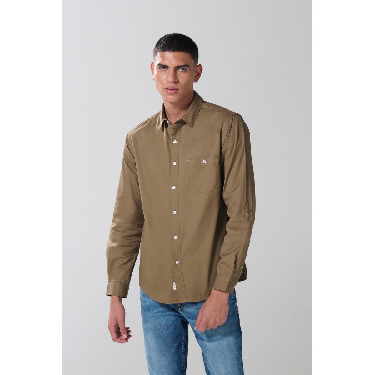 KOAJ - KOAJ Camisa unicolor en algodón manga larga con bolsillo Hombre