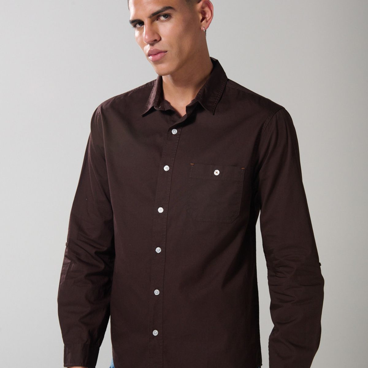 KOAJ - KOAJ Camisa unicolor en algodón manga larga con bolsillo Hombre