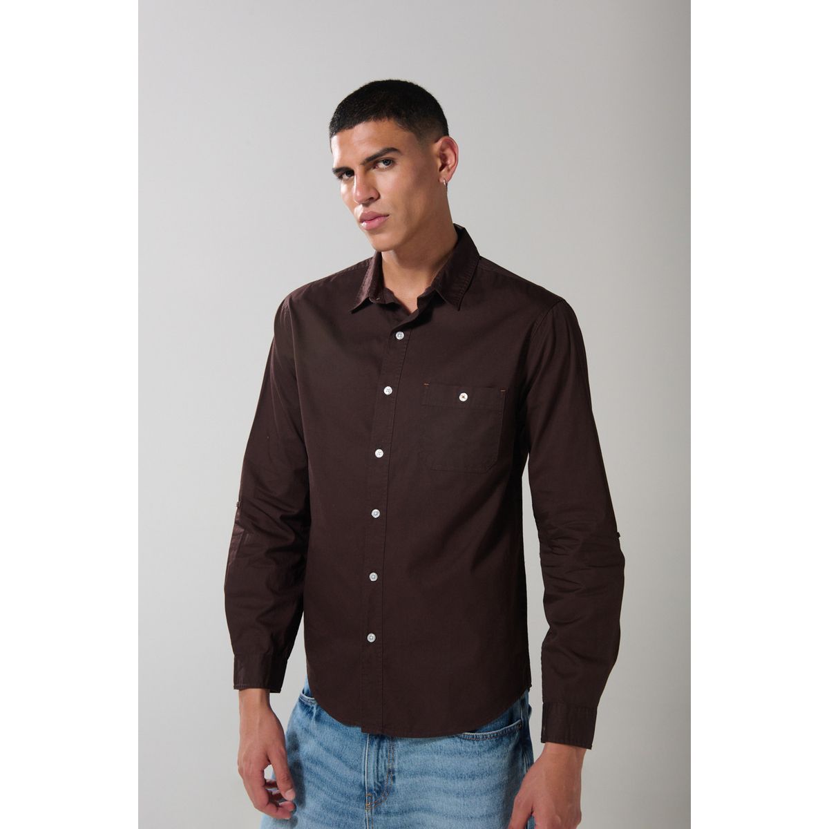 KOAJ - KOAJ Camisa unicolor en algodón manga larga con bolsillo Hombre