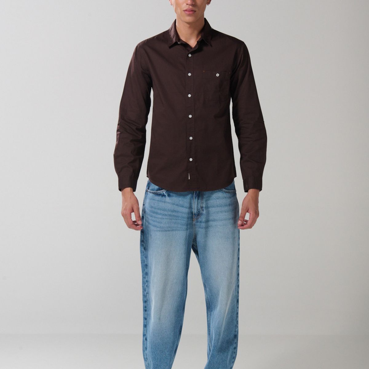 KOAJ - KOAJ Camisa unicolor en algodón manga larga con bolsillo Hombre