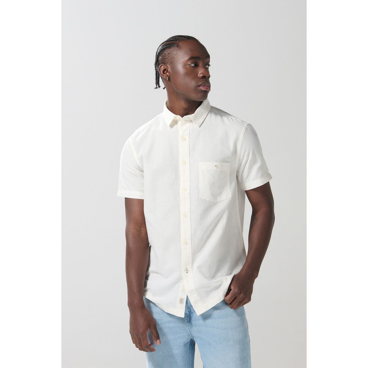 KOAJ - KOAJ Camisa unicolor en algodón con botones y manga corta Hombre