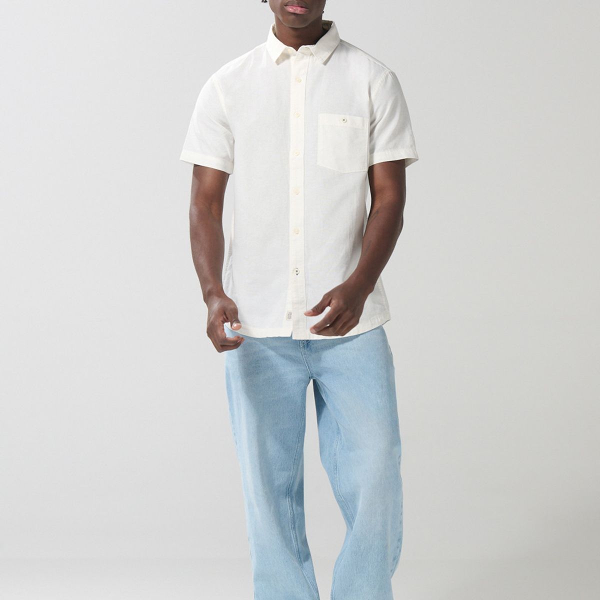 KOAJ - KOAJ Camisa unicolor en algodón con botones y manga corta Hombre