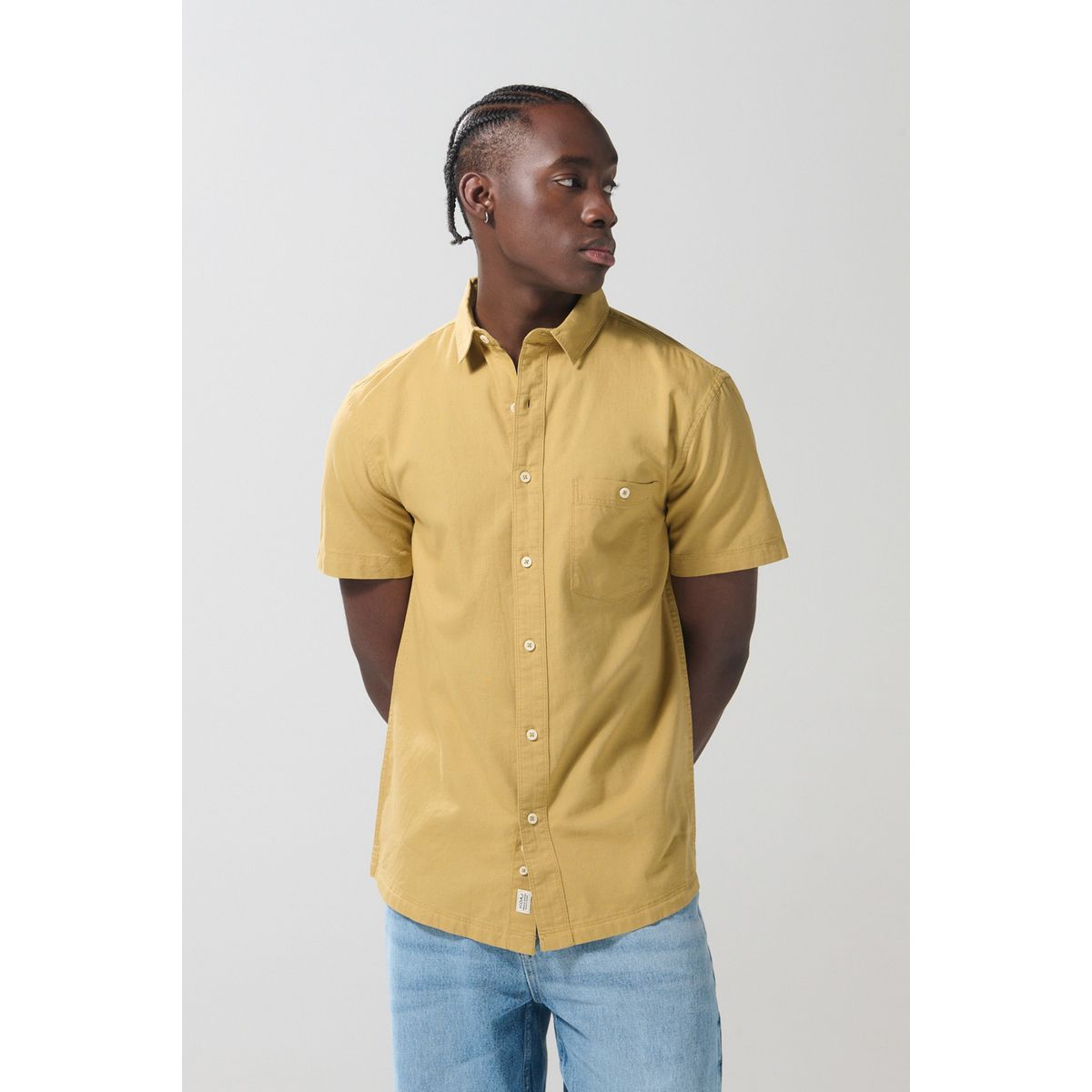 KOAJ - KOAJ Camisa unicolor en algodón con botones y manga corta Hombre