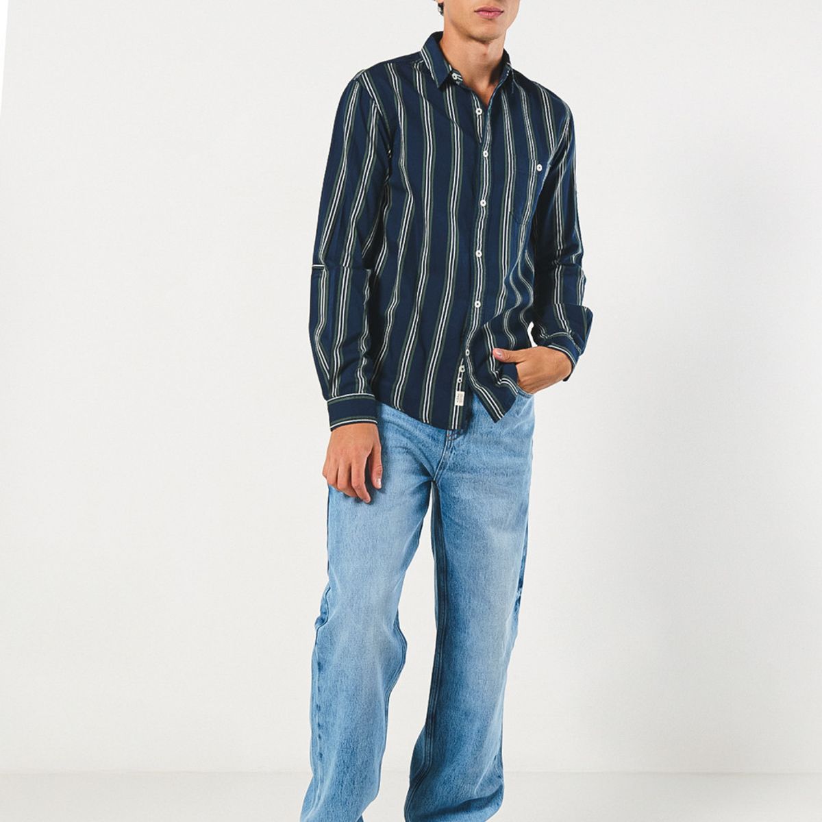 KOAJ - KOAJ Camisa a rayas manga larga unicolor con bolsillo Hombre