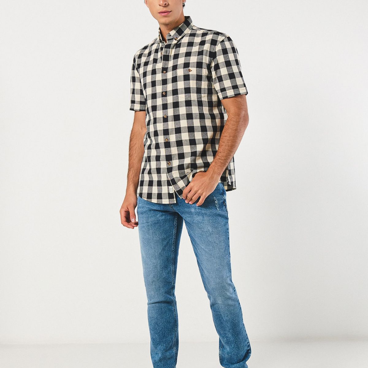 KOAJ - KOAJ Camisa unicolor a cuadros con manga corta y botones Hombre