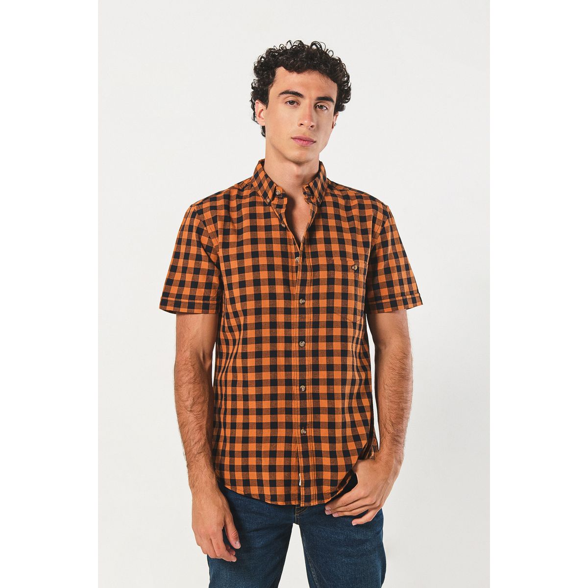 KOAJ - KOAJ Camisa unicolor a cuadros con manga corta y botones Hombre