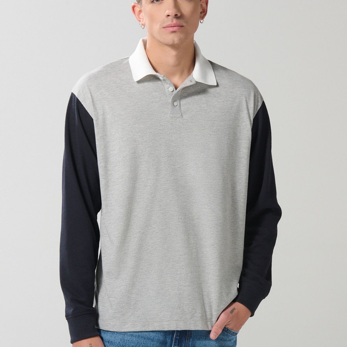 KOAJ - KOAJ Camiseta polo azul intensa con manga larga y botones Hombre