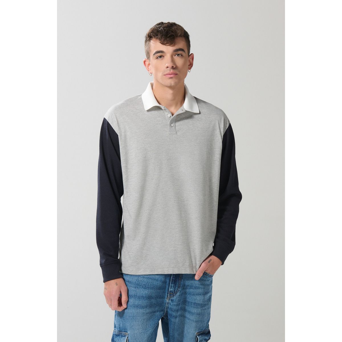 KOAJ - KOAJ Camiseta polo azul intensa con manga larga y botones Hombre