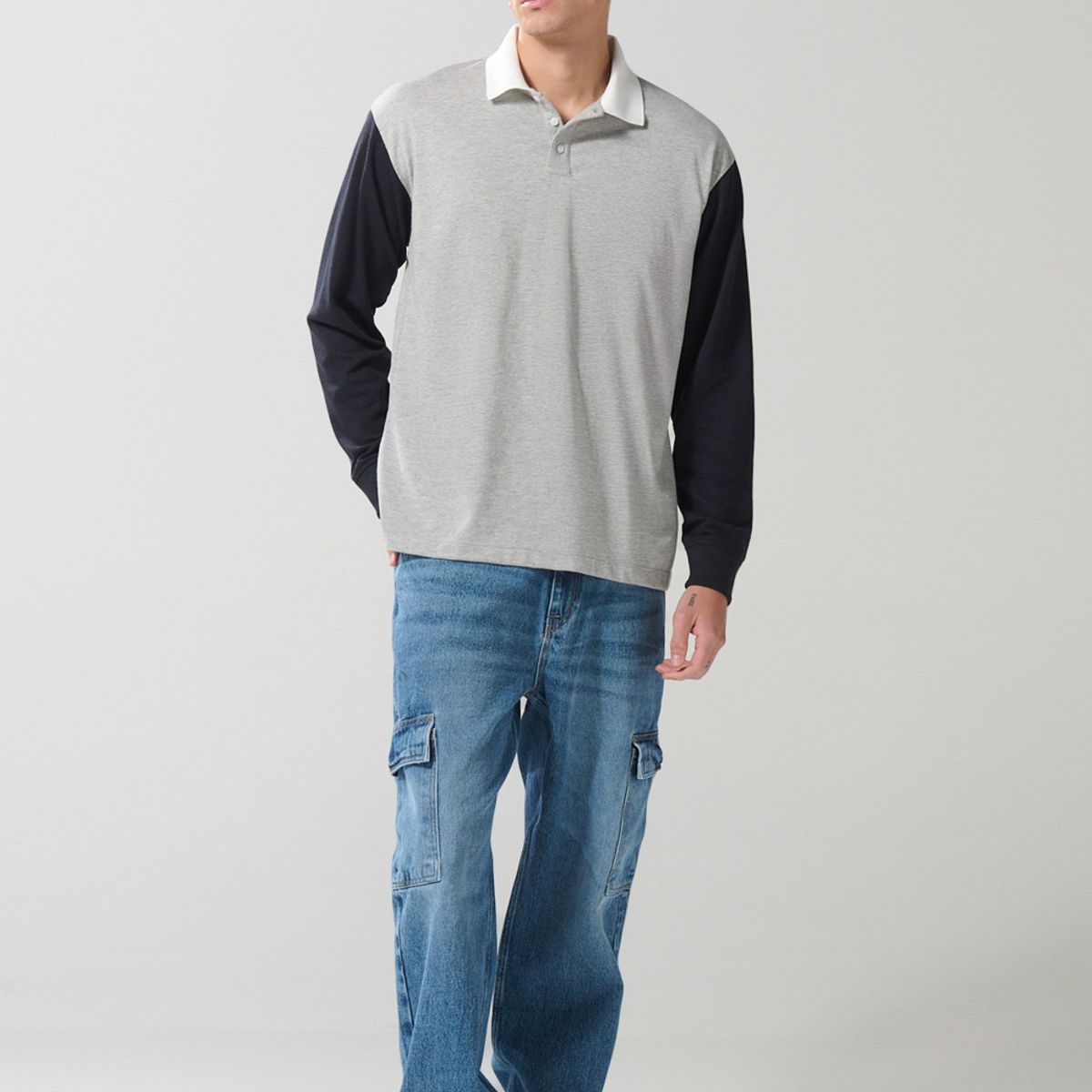 KOAJ - KOAJ Camiseta polo azul intensa con manga larga y botones Hombre