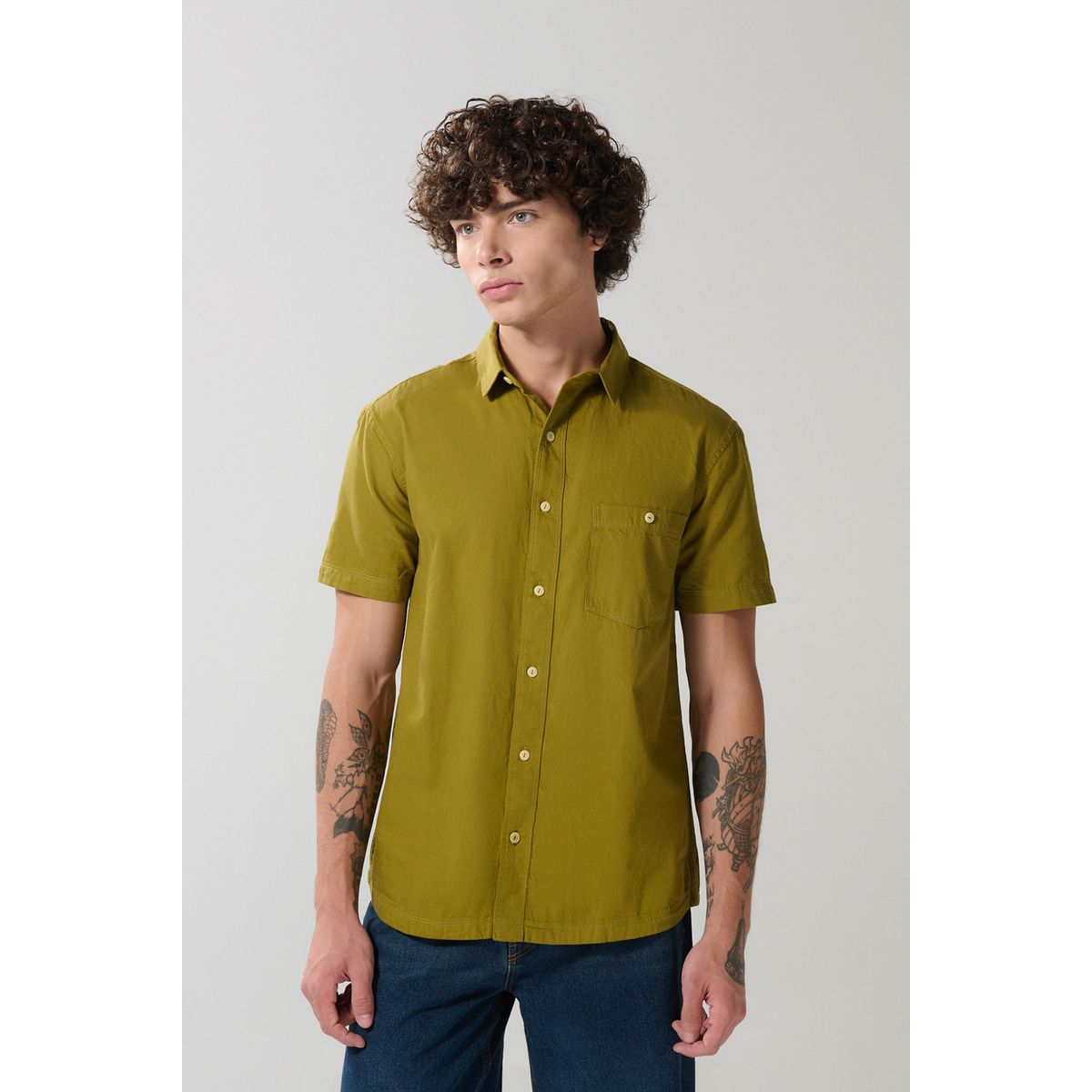 KOAJ - KOAJ Camisa en algodón unicolor manga corta con cuello sport Hombre