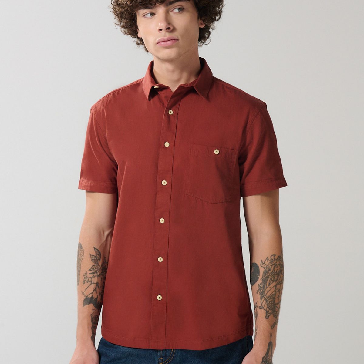 KOAJ - KOAJ Camisa en algodón unicolor manga corta con cuello sport Hombre