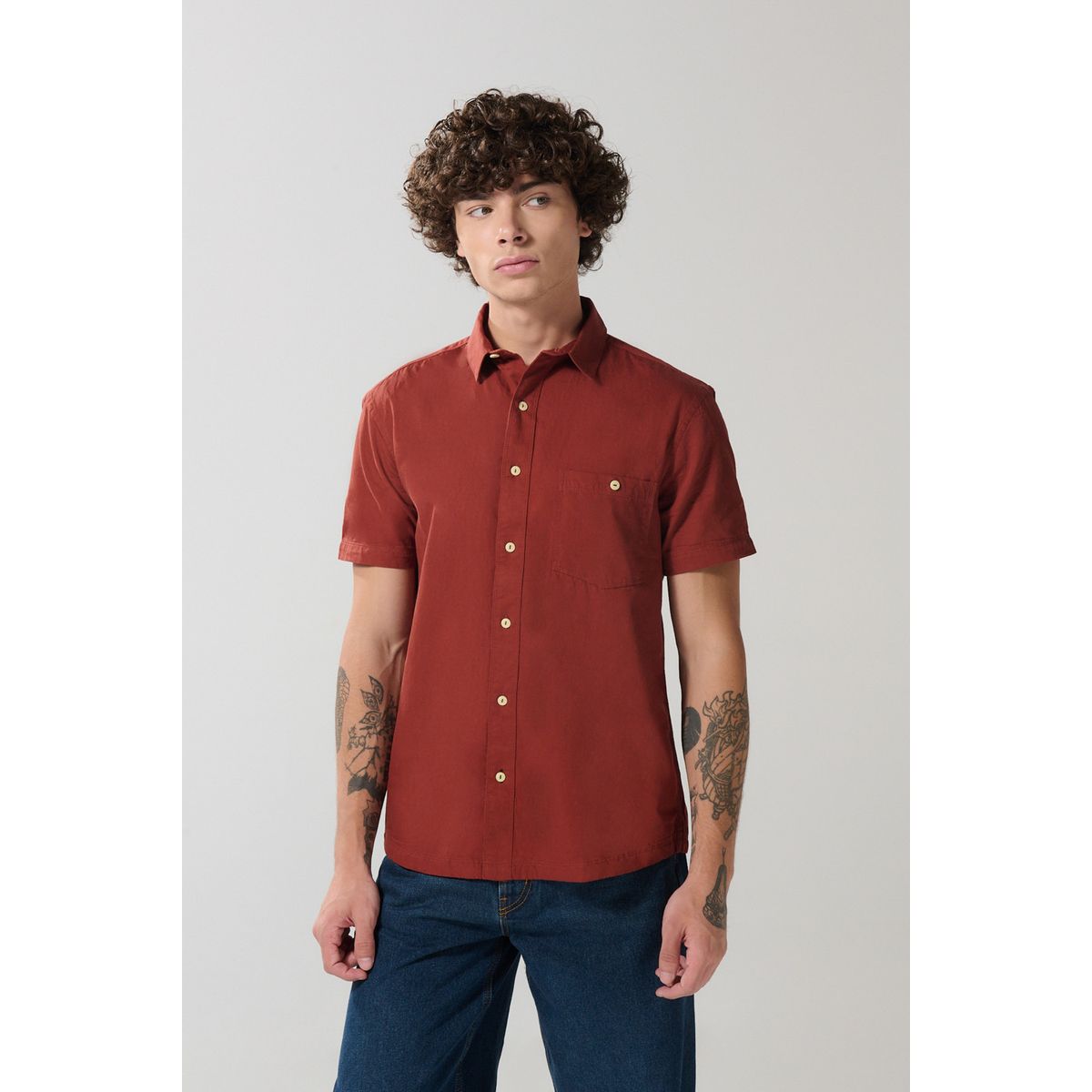 KOAJ - KOAJ Camisa en algodón unicolor manga corta con cuello sport Hombre