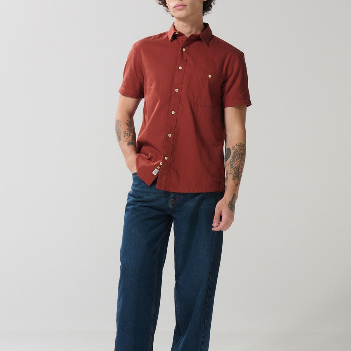 KOAJ - KOAJ Camisa en algodón unicolor manga corta con cuello sport Hombre