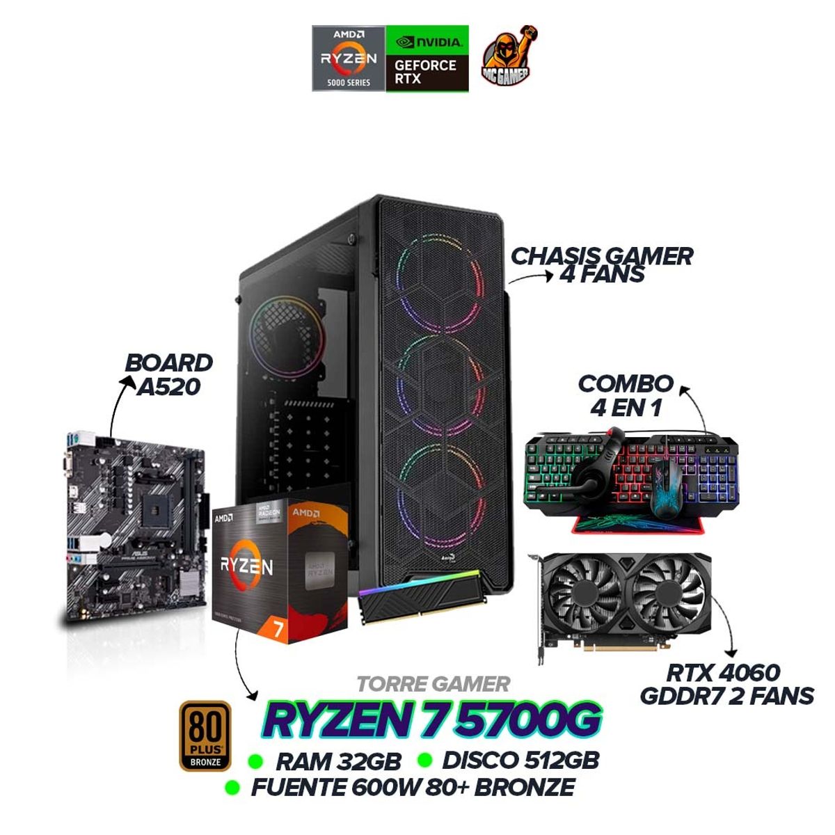 AMD - PC Gamer Ryzen 7 5700G / RTX 4060 / 32GB RAM / 512GB SSD / 600W / Combo 4 en 1
