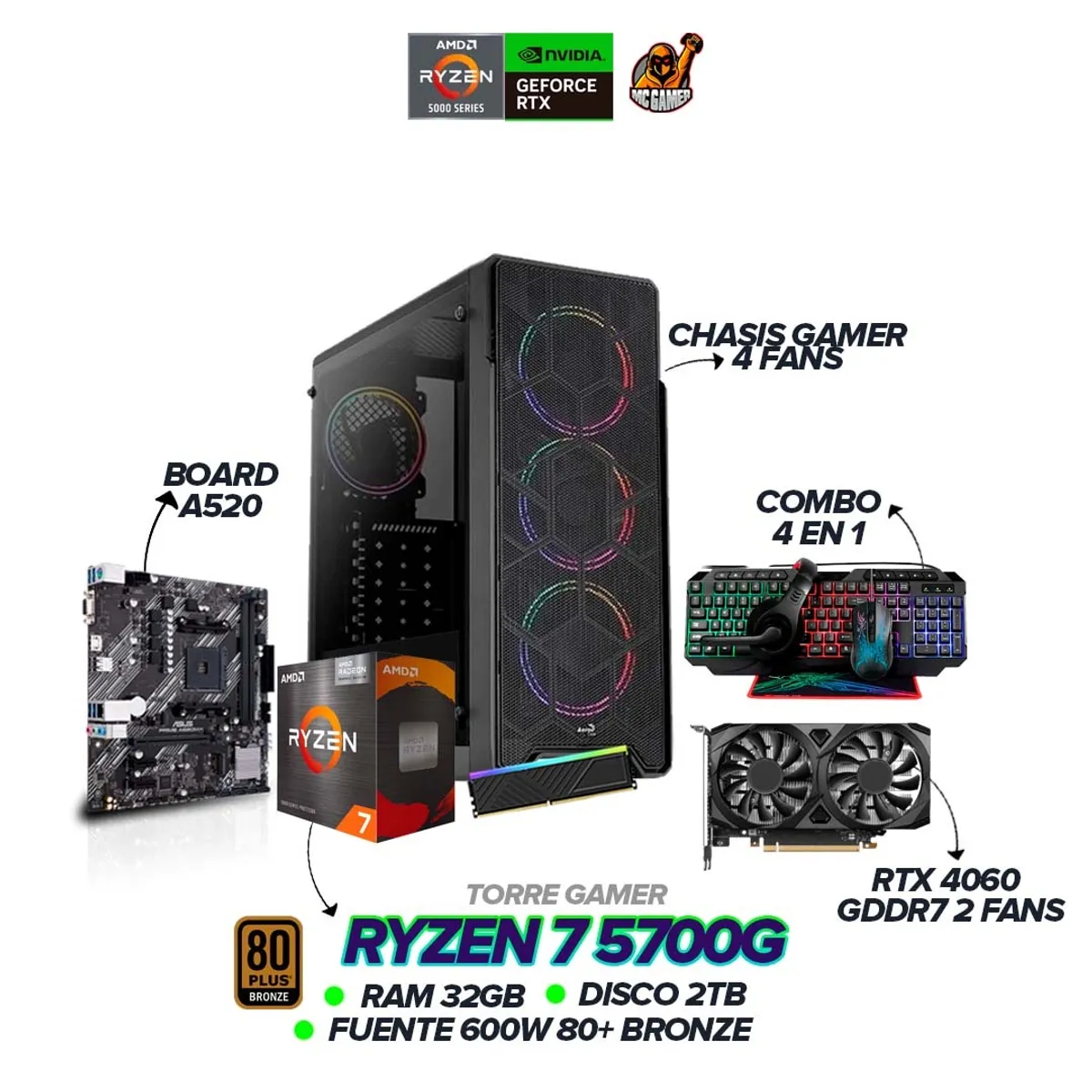 AMD - PC Gamer Ryzen 7 5700G / RTX 4060 / 32GB RAM / 2TB SSD / 600W / Combo 4 en 1