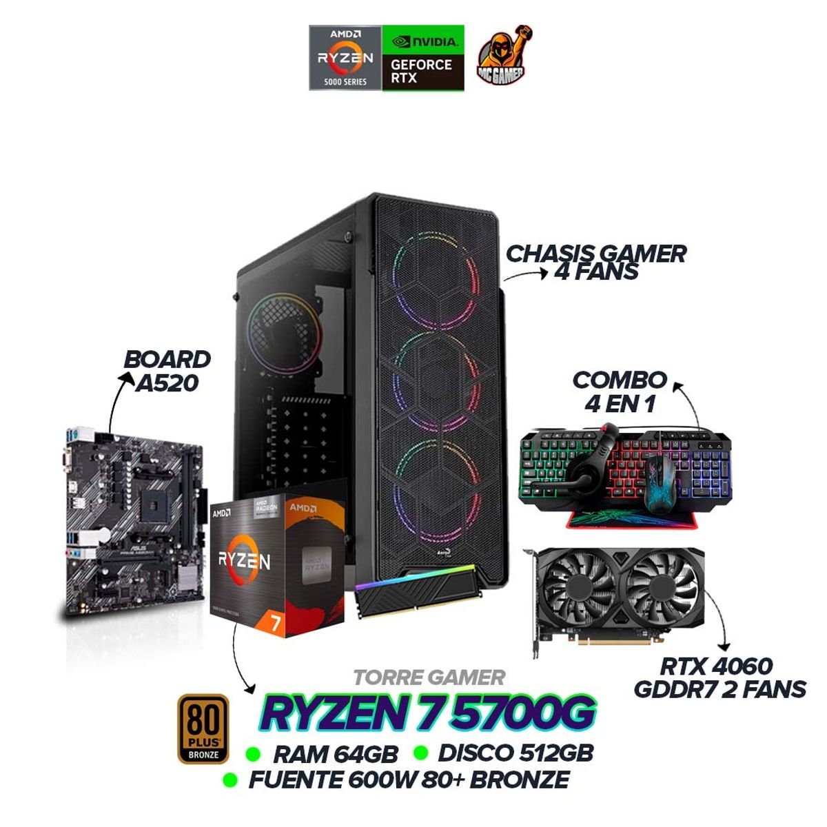 AMD - PC Gamer Ryzen 7 5700G / RTX 4060 / 64GB RAM / 512GB SSD / 600W / Combo 4 en 1