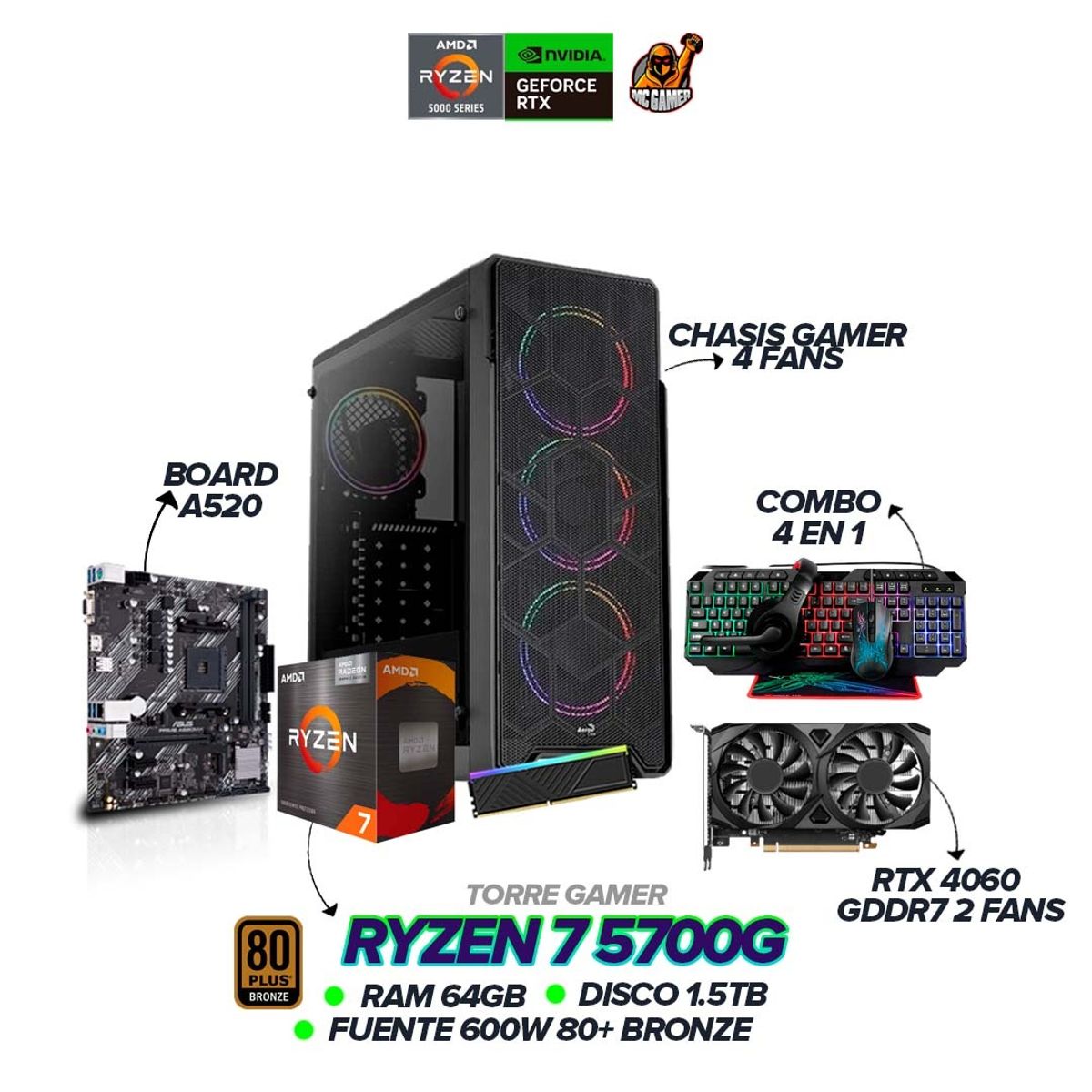 AMD - PC Gamer Ryzen 7 5700G / RTX 4060 / 64GB RAM / 1.5TB SSD / 600W / Combo 4 en 1