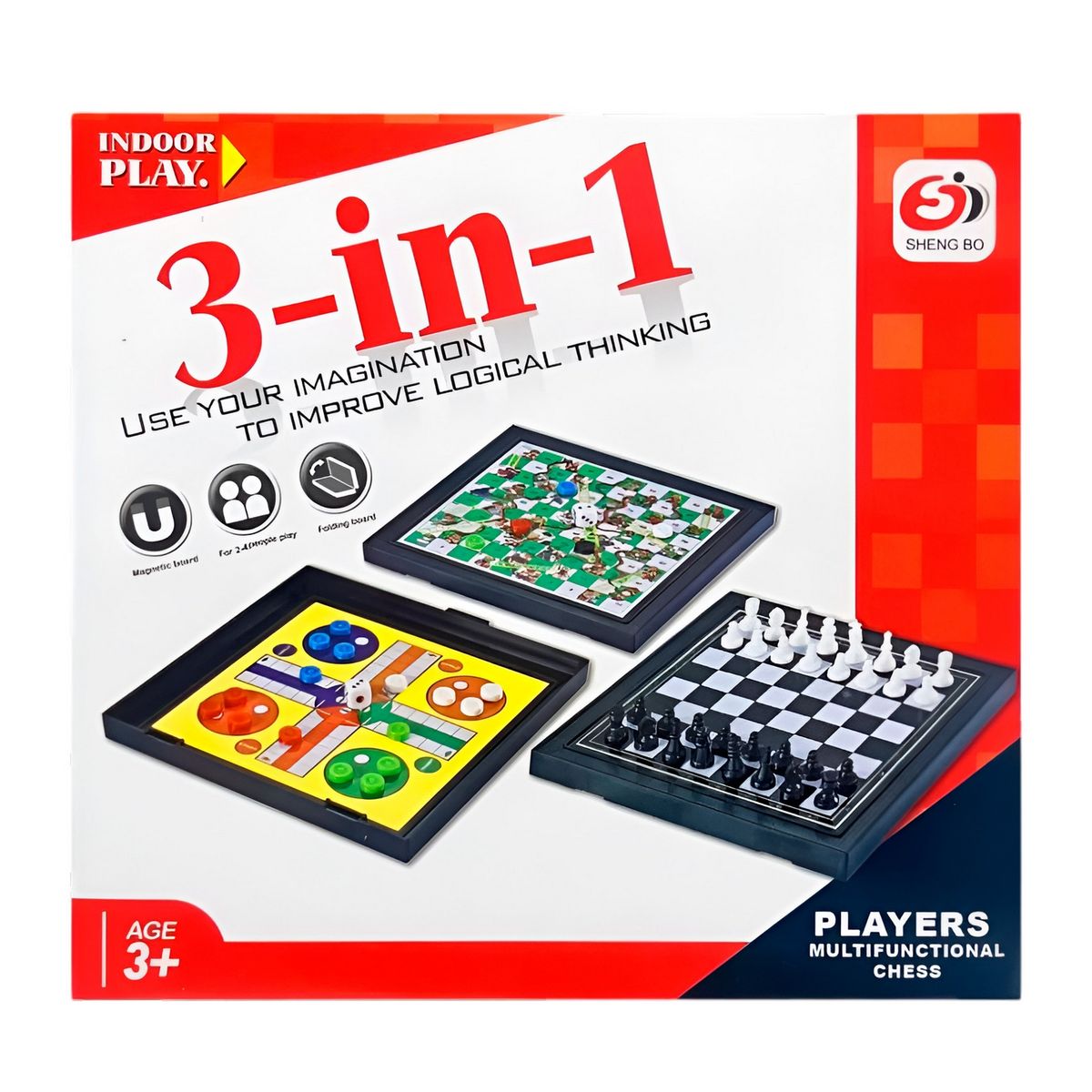 GENERICO - Juego De Mesa 3 En 1 Ajedrez, Escalera, Parchis Portatil