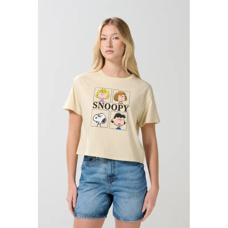 KOAJ - KOAJ Camiseta crop top kaki clara con arte de Snoopy Mujer