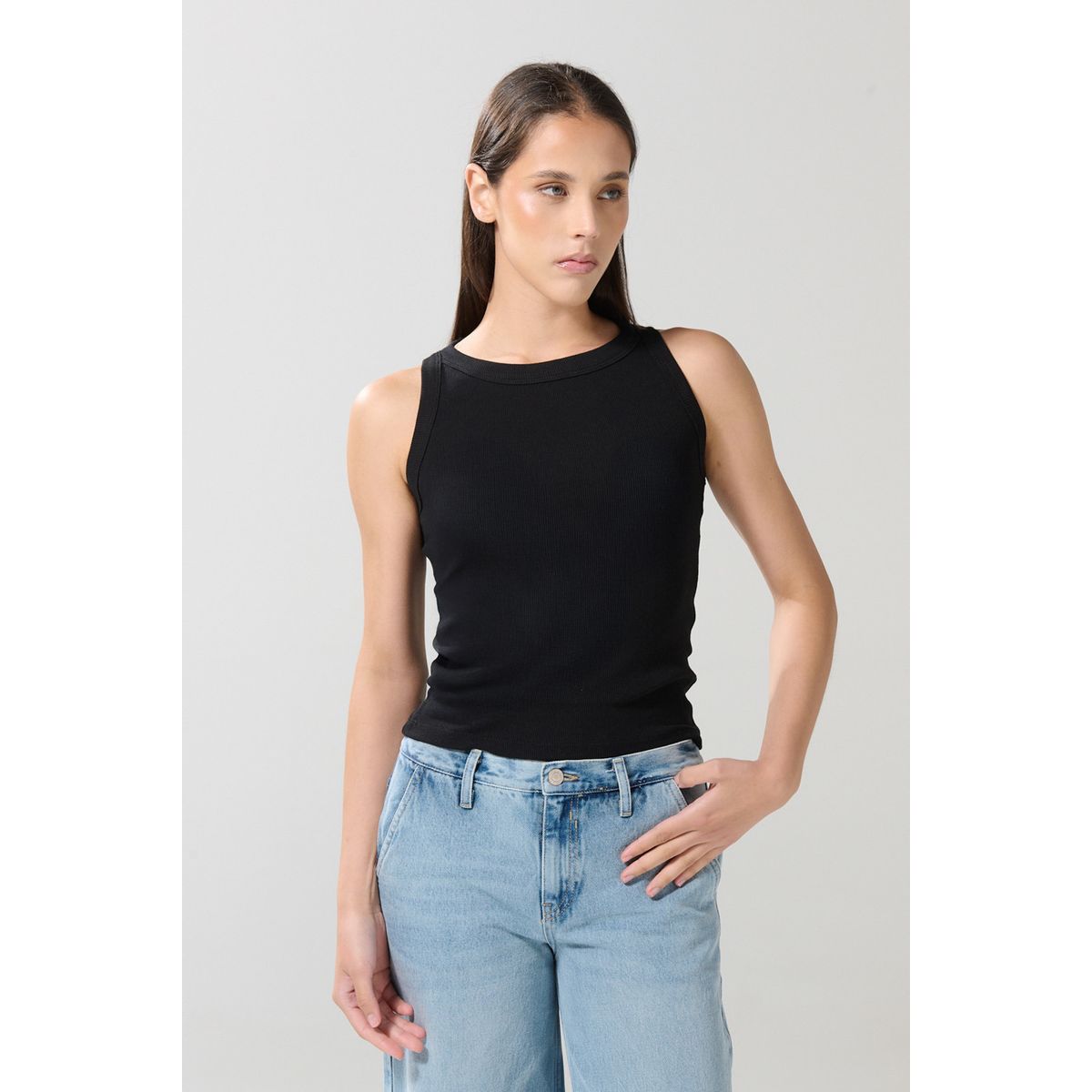 KOAJ - KOAJ Camiseta unicolor manga sisa en tela acanalada Mujer