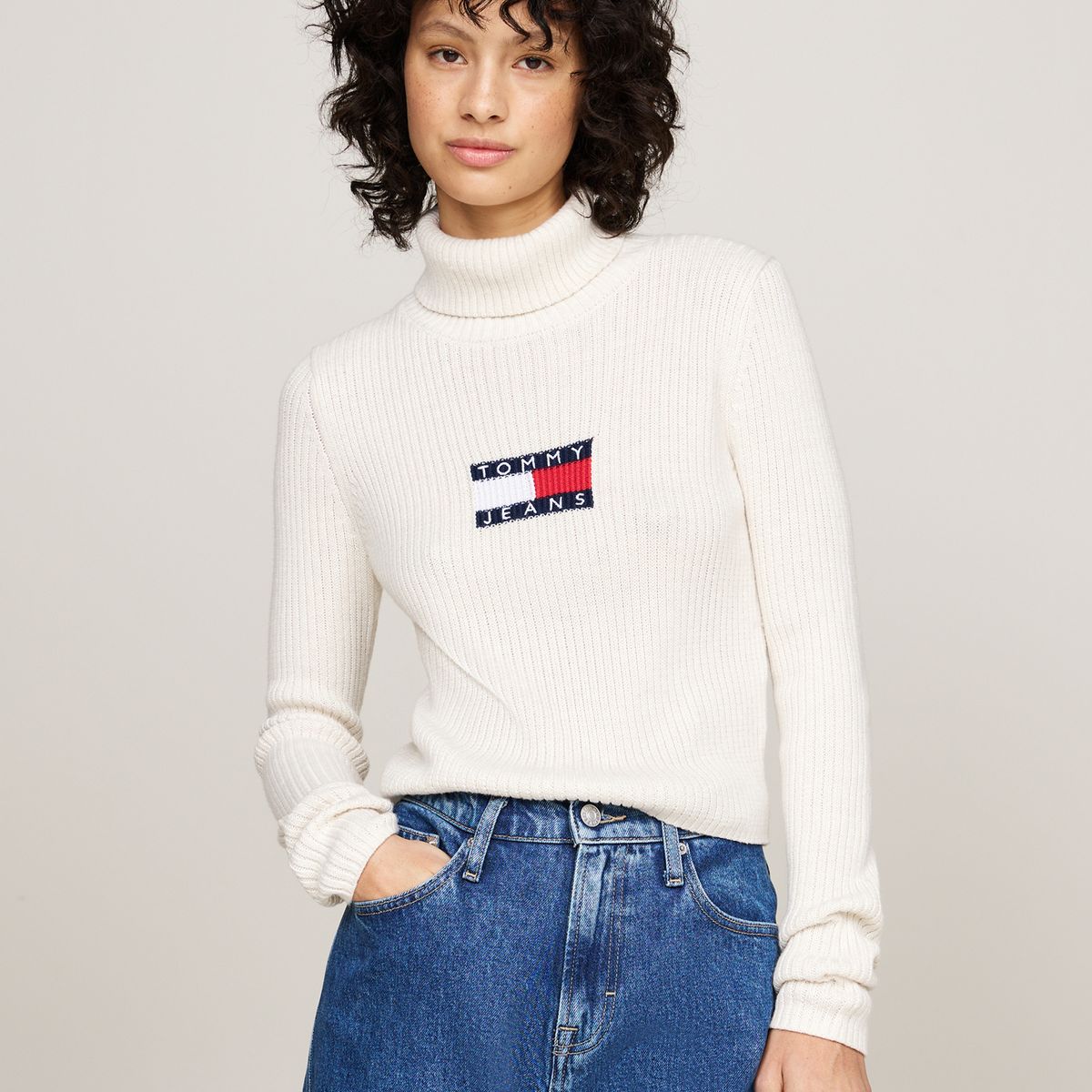 TOMMY HILFIGER - Saco beige slim de cuello alto y mezcla de lana Tommy Jeans