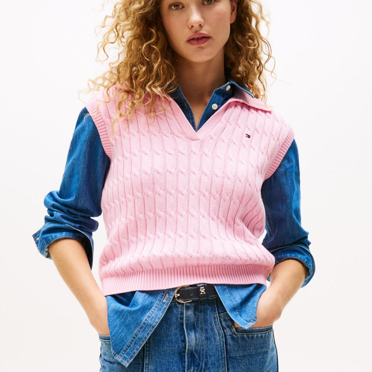 TOMMY HILFIGER - Polo rosa de punto trenzado sin mangas Tommy Hilfiger