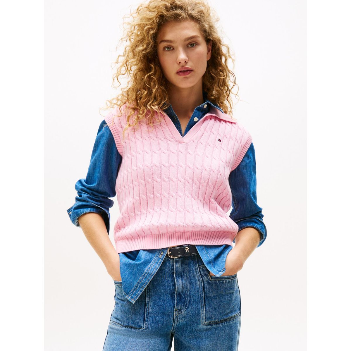 TOMMY HILFIGER - Polo rosa de punto trenzado sin mangas Tommy Hilfiger