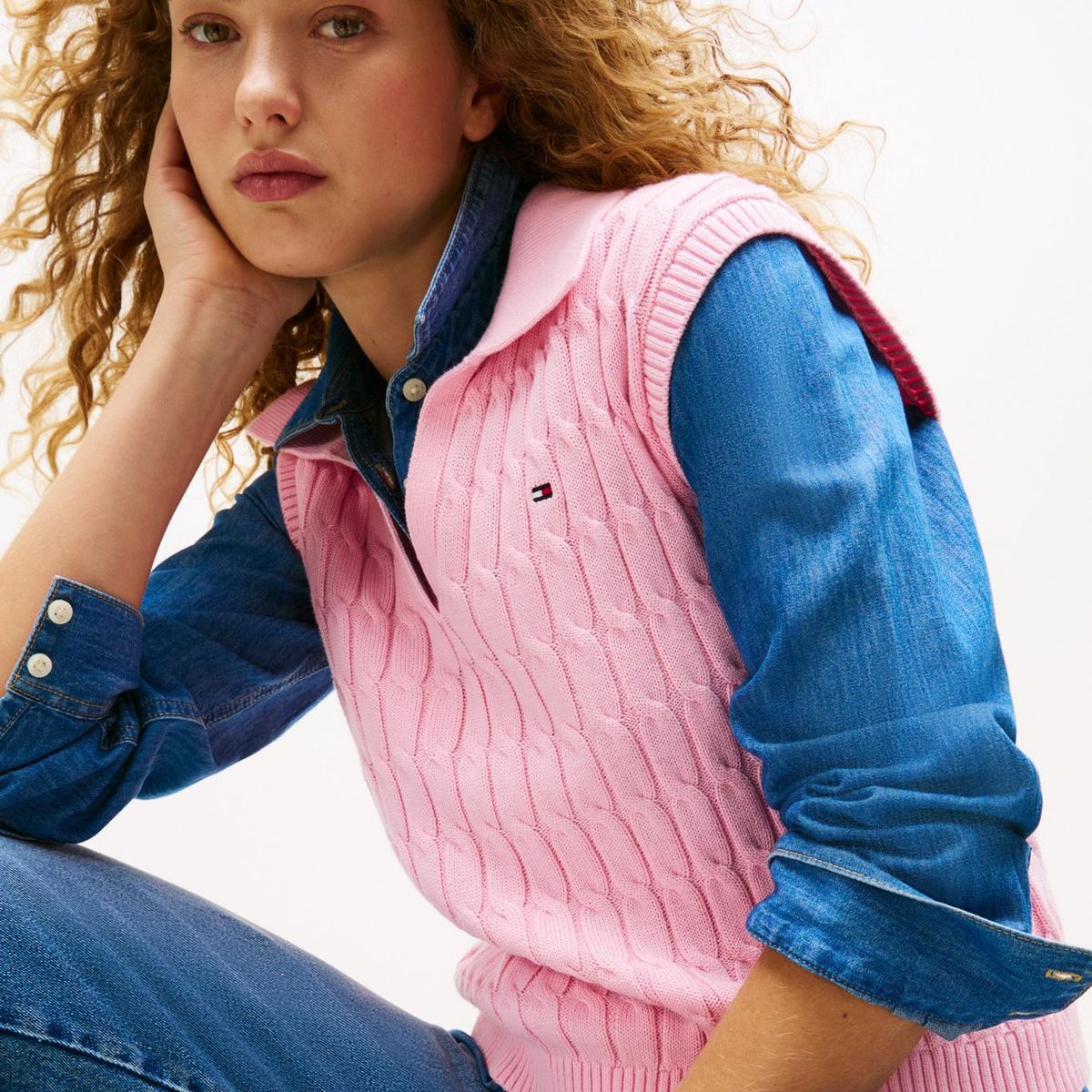 TOMMY HILFIGER - Polo rosa de punto trenzado sin mangas Tommy Hilfiger