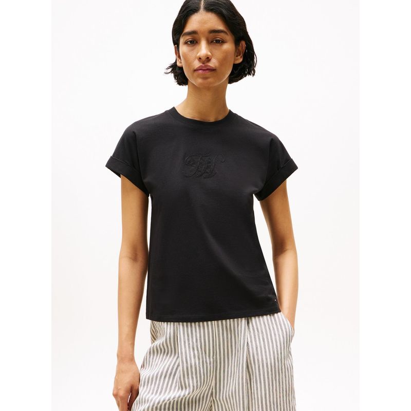 TOMMY HILFIGER - Camiseta negra de cuello redondo con logo bordado Tommy Hilfiger