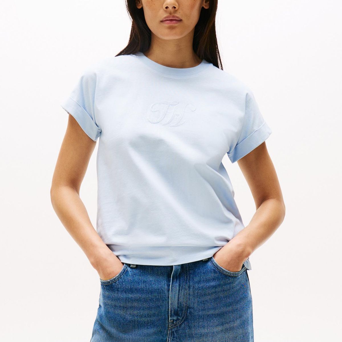 TOMMY HILFIGER - Camiseta celeste de cuello redondo con logo bordado Tommy Hilfiger